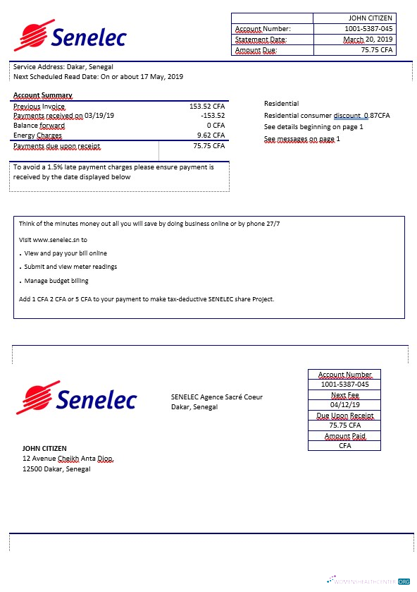 download download Senegal Senelec Agence Sacré Coeur electricity bill in Word format